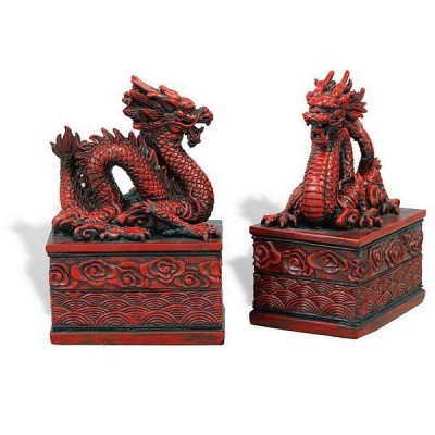 Beautiful Set of Chinese Cinnabar Color Dark Finish Polystone Dragon Bookend   121834201047